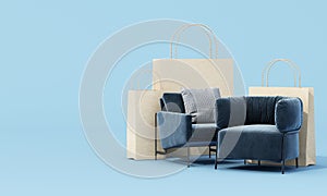 online shopping concept furniture surrounded by sofas, armchairs and fabric chairs, promotion sales for furniture