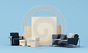 online shopping concept furniture surrounded by sofas, armchairs and fabric chairs, promotion sales for furniture