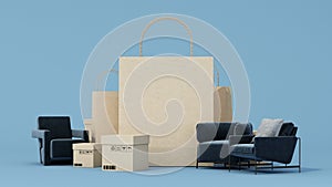 online shopping concept furniture surrounded by sofas, armchairs and fabric chairs, promotion sales for furniture