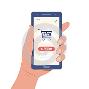 Online shopping concept. Hand holding smartphone with basket on screen. Buy online now. Vector illustration