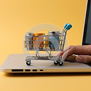 Online shopping concept. Hand with shopping cart and laptop on yellow background Ai generative