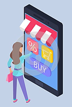 Online shopping concept. Happy woman standing with bag shopping by her phone vector illustration
