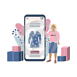 Online shopping concept illustration. Young woman shopping online.