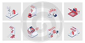 Online shopping concept of isometric icons in 3d isometry design for web.