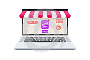 Online shopping concept, laptop and store