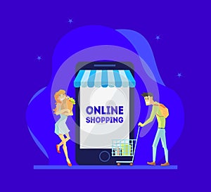 Online Shopping Concept, Man and Woman Using Smartphone for Purchasing at Mobile Store Vector Illustration