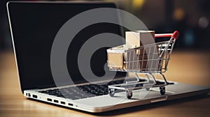 Online Shopping Concept with Mini Cart and Cardboard Boxes on Laptop