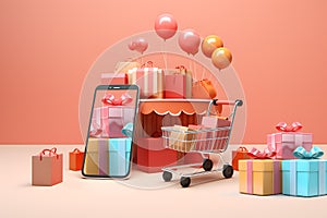 Online shopping concept with miniature shopping cart and mobile phone