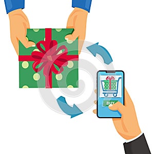 Online shopping concept mobile shopping man holding smart phone and buys a gift