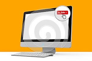 Online Shopping Concept. Modern Desktop Computer with Magnifier and Sale Button on the Screen. 3d Rendering