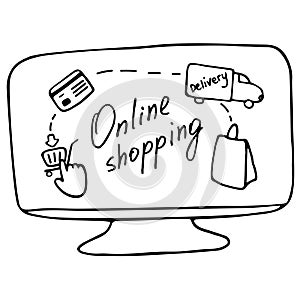 Online shopping concept. Online purchases from home. Process of buying and delivering goods. Vector doodle design