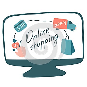 Online shopping concept. Online purchases from home. Process of buying and delivering goods. Vector flat design