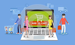 Online shopping concept, people walk on laptop computer with e-commerce icon