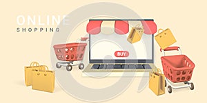 Online shopping concept. Realistic 3d laptop with red shopping cart and shopping bags. Online store. Vector illustration