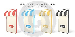 Online shopping concept. Realistic 3d mobilephone. Online store. Vector illustration