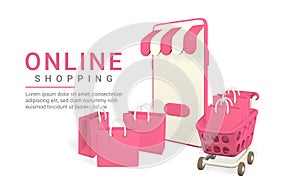 Online shopping concept. Realistic 3d mobilephone with red shopping cart and shopping bags. Online store. Vector illustration