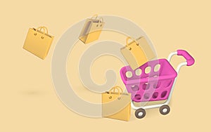 Online shopping concept. Realistic 3d shopping cart and shopping bags. Online store. Vector illustration