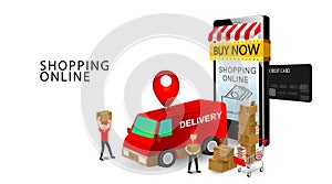 Online shopping concept, Services Team Delivery Workers, Products on Cart with isolated white background