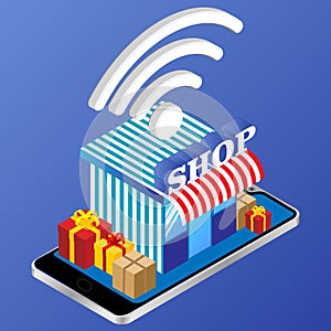 Online shopping concept. shop or store online with wifi sign and gifts .Vector illustration