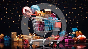 Online shopping concept, Shopping cart full of colorful gift boxes and balloon on dark background