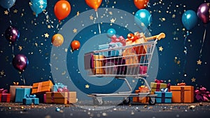 Online shopping concept, Shopping cart full of colorful gift boxes on dark blue background with confetti