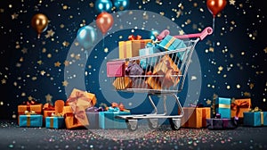 Online shopping concept, Shopping cart full of colorful gift boxes on dark blue background with confetti