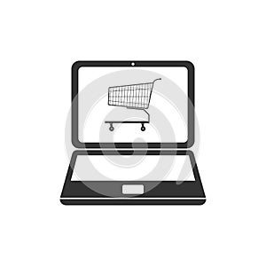 Online shopping concept. Shopping cart on screen laptop icon isolated. Concept e-commerce, online business marketing