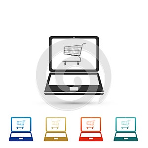 Online shopping concept. Shopping cart on screen laptop icon isolated on white background. Concept e-commerce, online