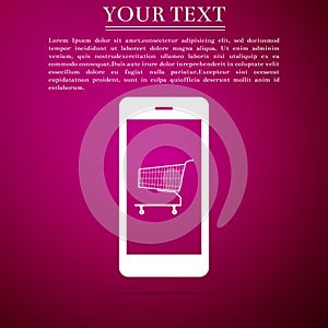 Online shopping concept. Shopping cart on screen smartphone icon isolated on purple background. Concept e-commerce, e