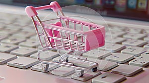 Online shopping concept, small pink shopping cart stands on keyboard, digital e-commerce. Internet sales. Generative AI