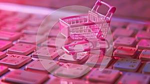 Online shopping concept, small pink shopping cart stands on keyboard, digital e-commerce. Internet sales. Generative AI