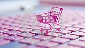 Online shopping concept, small pink shopping cart stands on keyboard, digital e-commerce. Internet sales. Generative AI