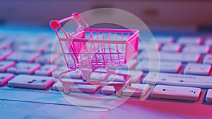 Online shopping concept, small pink shopping cart stands on keyboard, digital e-commerce. Internet sales. Generative AI