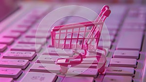 Online shopping concept, small pink shopping cart stands on keyboard, digital e-commerce. Internet sales. Generative AI