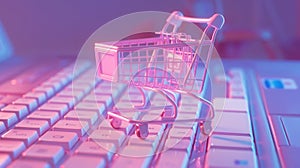 Online shopping concept, small pink shopping cart stands on keyboard, digital e-commerce. Internet sales. Generative AI