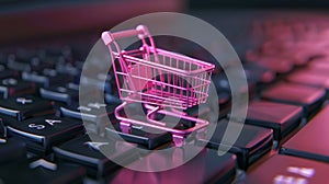 Online shopping concept, small pink shopping cart stands on keyboard, digital e-commerce. Internet sales. Generative AI