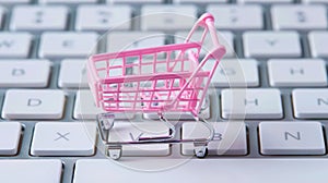 Online shopping concept, small pink shopping cart stands on keyboard, digital e-commerce. Internet sales. Generative AI