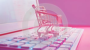 Online shopping concept, small pink shopping cart stands on keyboard, digital e-commerce. Internet sales. Generative AI