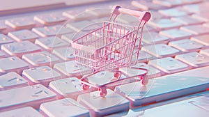 Online shopping concept, small pink shopping cart stands on keyboard, digital e-commerce. Internet sales. Generative AI