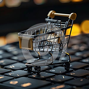 Online shopping concept, small shopping cart stands on keyboard, dark background, digital e-commerce. Generative AI