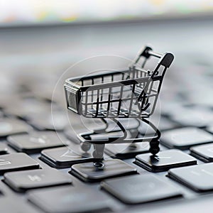 Online shopping concept, small shopping cart stands on keyboard, dark background, digital e-commerce. Generative AI