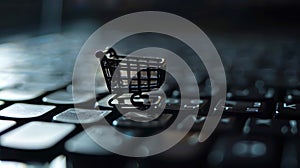 Online shopping concept, small shopping cart stands on keyboard, dark background, digital e-commerce. Generative AI