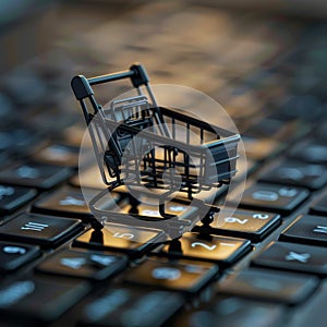 Online shopping concept, small shopping cart stands on keyboard, dark background, digital e-commerce. Generative AI