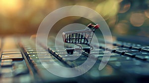 Online shopping concept, small shopping cart stands on keyboard, dark background, digital e-commerce. Generative AI