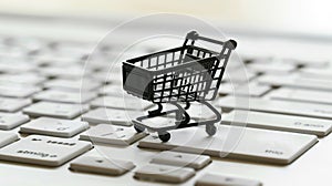 Online shopping concept, small shopping cart stands on keyboard, light background, digital e-commerce. Generative AI