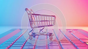 Online shopping concept, small shopping cart stands on keyboard on trendy neon background. E-commerce. Generative AI