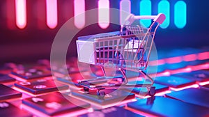 Online shopping concept, small shopping cart stands on keyboard on trendy neon background. E-commerce. Generative AI