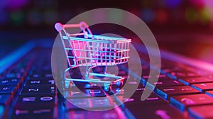 Online shopping concept, small shopping cart stands on keyboard on trendy neon background. E-commerce. Generative AI