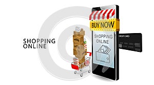 Online shopping concept, Smartphone and credit card, Products on Cart with isolated white background