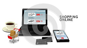 Online shopping concept, Smartphone and laptop with credit cards, Products on Cart with isolated white background